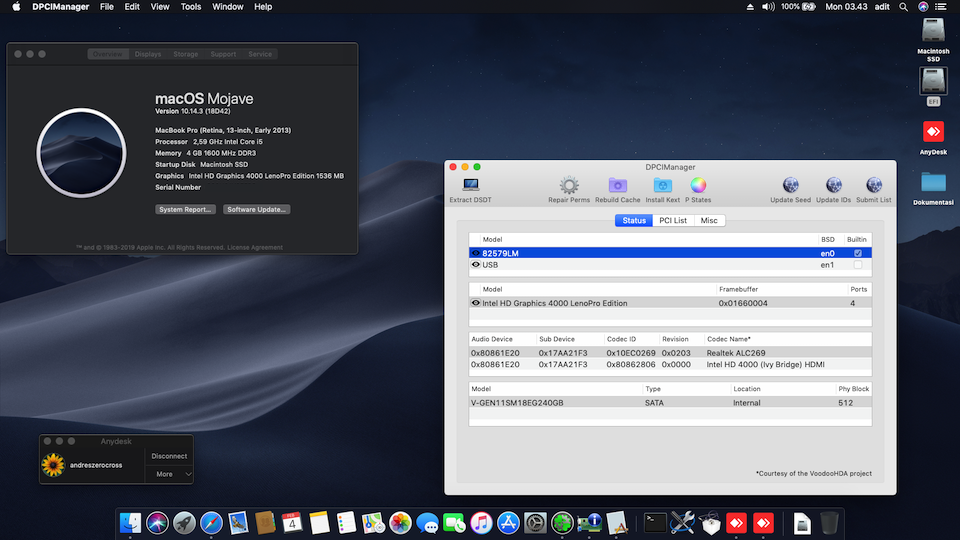 Success Hackintosh macOS Mojave 10.14.3 Build 18D42 at Lenovo T430
